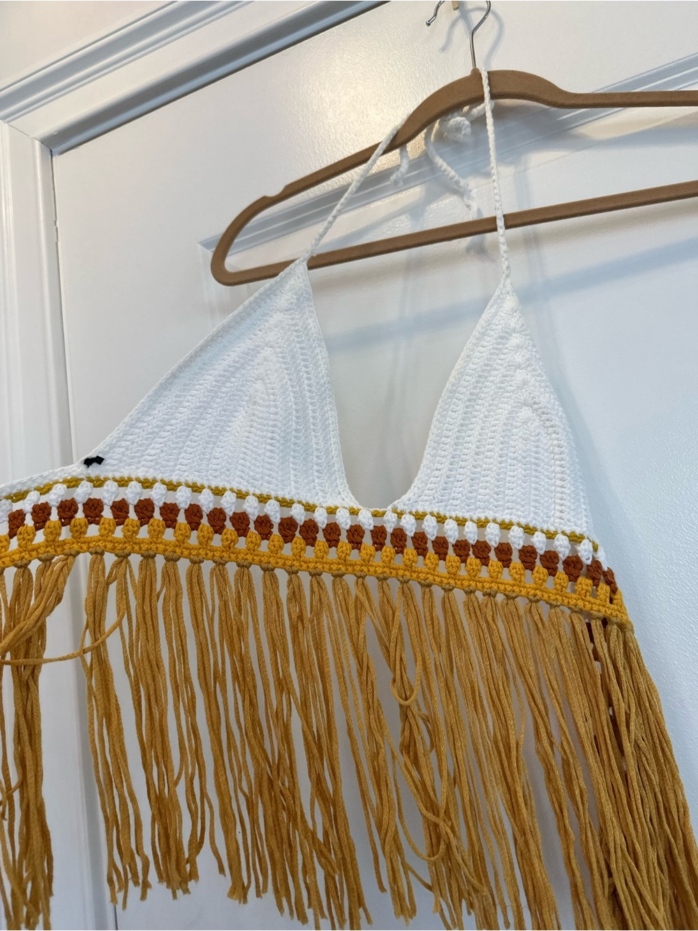 Forever 21 White Crochet Halter Tank with Mustard and Brown Fringe